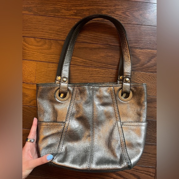 Fossil Vintage Y2K Floral Gray Silver Leather Tote Handbag - Picture 3 of 8